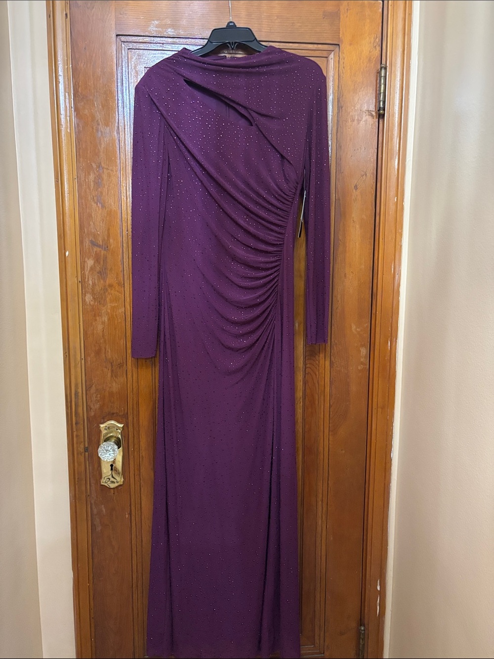 Betsy & Adam Deep Plum Long-Sleeve Ruched embellished Gown